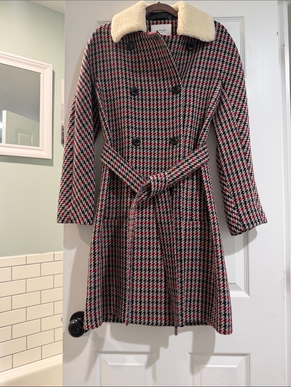 LK Bennett-London , Mali Coat Red and Black Wool with Cream Collar - Picture 3 of 16